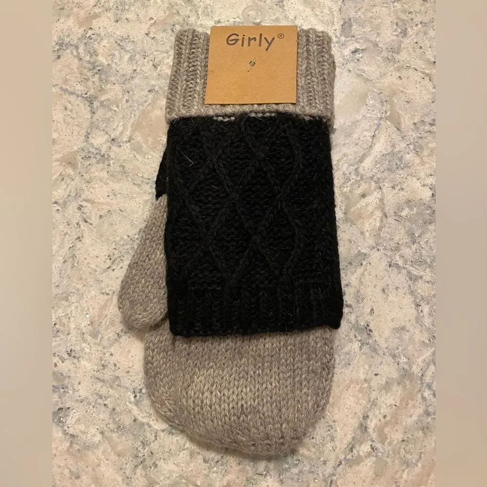 Girly Black and Gray Wool Blend Knitted Mittens